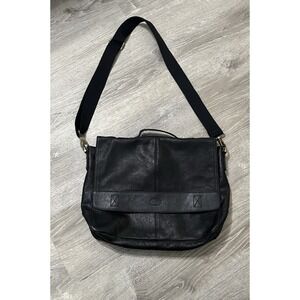 Fossil Black Leather Messenger Bag Briefcase Shoulder Carry Cow Hide‎